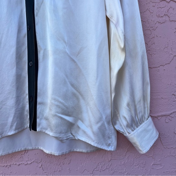 Vintage Saint Laurent Button Up Blouse Black Cream Silky Satin Paris France - Picture 4 of 10
